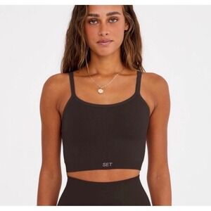 SET Ribbed Seamless Crop Tank Top Espresso Brown Spaghetti Strap Athletic Size S
